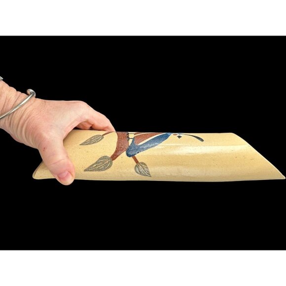 Quail ART POTTERY WALL POCKET FLOWER VASE Bird Southwest 12 x 3.5" Leather Strap - Picture 3 of 12